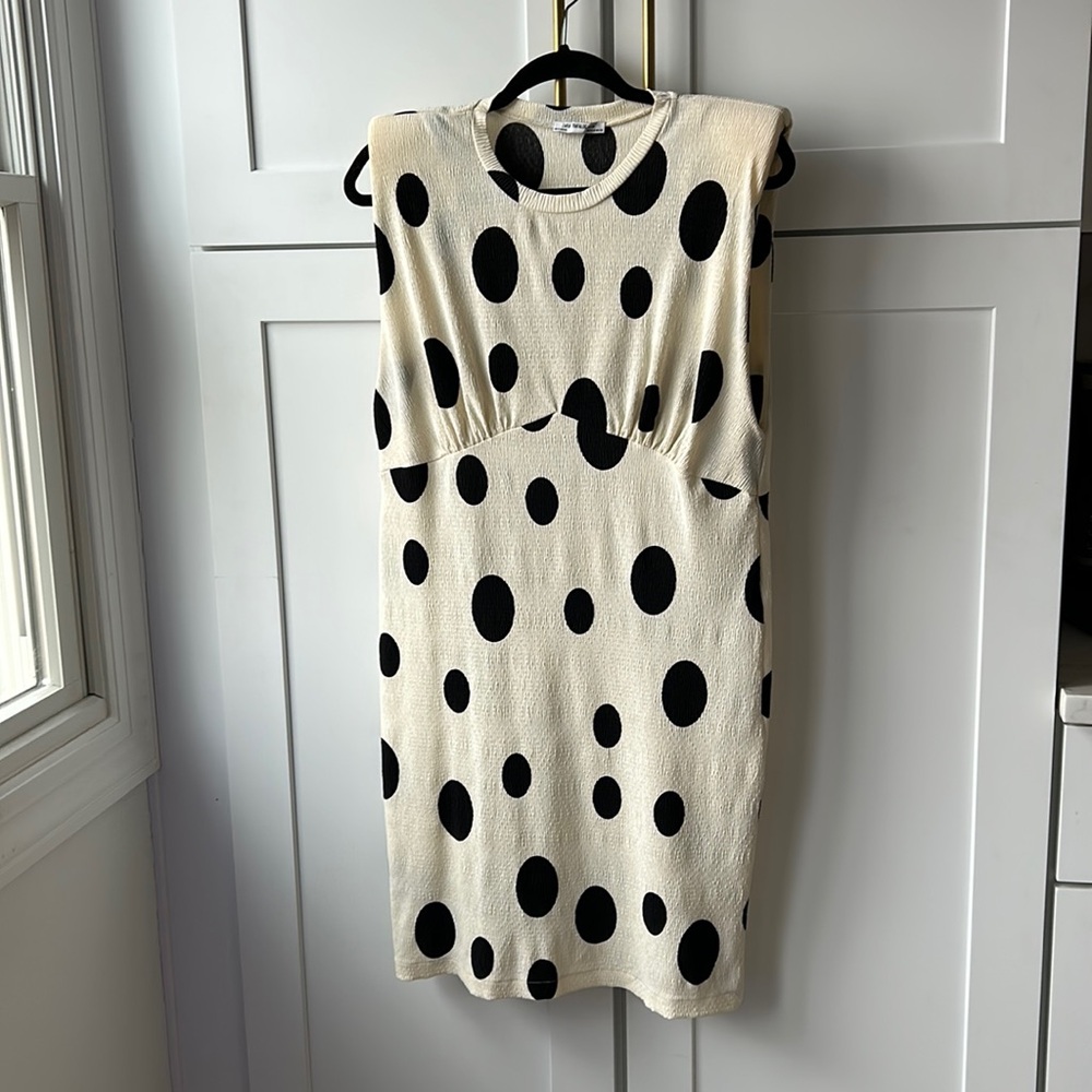Zara Cream and Black Polka Dot Midi Dress